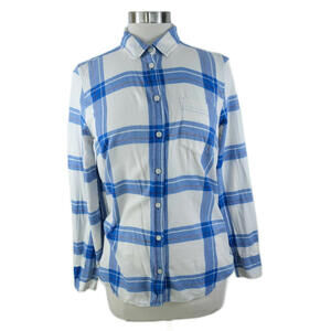 J Crew Womens Cotton Boy Fit Button Up Blue White Plaid Blouse Shirt Small